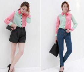 European style color mosaic chiffon blouse lapel long-sleeved shirt
