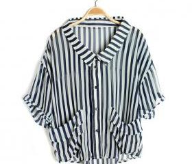 New hot spring loose women striped long-sleeved irregular hem shirt
