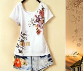 New Ladies Style t-shirt Floral Pattern Bottoming Shirt Fashion Womens short sleeve Tshirt