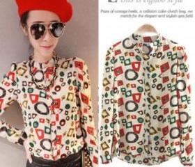 Long-sleeved chiffon shirt collar shirt retro print shirt