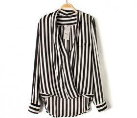 V-neck sexy vertical striped long-sleeved shirt clothing