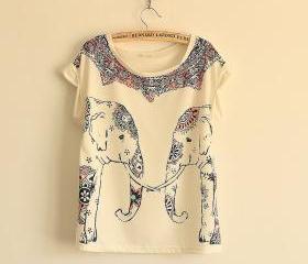 The elephant printing round leader T-shirt