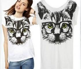 yellow eyes glasses big cat face short-sleeved T-shirt hot style good quality women's cotton t shirt print tees