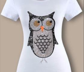 New style Sequined Set auger Cartoon Owl womens short sleeve cotton t-shirt high quality t shirt