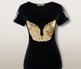 Angel wings Sequined slim O-neck short sleeve women's cotton t-shirt color black t shirt