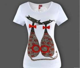 Newest style double cat Bow Set auger cotton women's short sleeve t-shirt Animal printing t shirt
