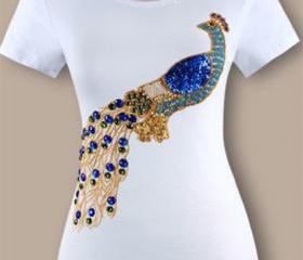 Top quality t shirt Embroidery Peacock Hammer bead Set auger Sequined women's short sleeve cotton t-shirt