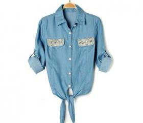 Retro ladies pocket pearl hem fine with denim shirt jeans