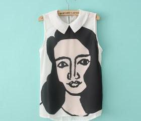 white Beauty head pattern lapel chiffon shirt