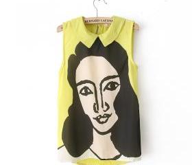  yellow Beauty head pattern lapel chiffon shirt