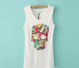 Skeleton skull diamond pattern vest long sections t-shirt