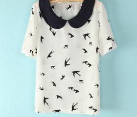 Swallow printing doll collar short-sleeved chiffon T-shirt