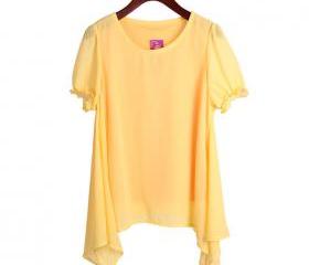 yellow color Two round neck loose irregular hem chiffon shirt t-shirt