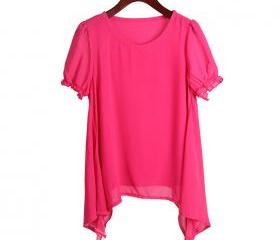 Rose color Two round neck loose irregular hem chiffon shirt t-shirt