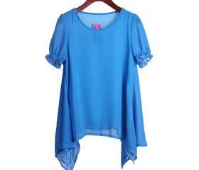 blue color Two round neck loose irregular hem chiffon shirt t-shirt 
