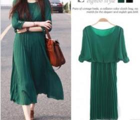 Sweet round neck strapless sleeve pleated chiffon dress