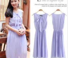 Bohemian style solid color round neck pleated skirt chiffon dress