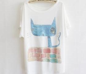 courtyard cat loose bat sleeve T-shirt short-sleeved, Top, t-shirt, Casual